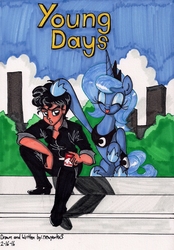 Size: 1368x1968 | Tagged: safe, artist:newyorkx3, princess luna, oc, oc:tommy, human, comic:young days, g4, cigarette, city, comic, comic cover, marlboro, s1 luna, tongue out, traditional art