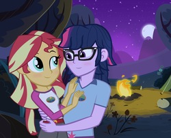 Size: 2691x2172 | Tagged: dead source, safe, artist:drewmwhit, sci-twi, sunset shimmer, twilight sparkle, equestria girls, g4, legend of everfree, camp everfree outfits, campfire, duo, dusk shine, glasses, half r63 shipping, high res, male, moon, rule 63, sci-dusk, sciduskshimmer, ship:duskshimmer, ship:sci-twishimmer, ship:sunsetsparkle, shipping, straight