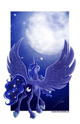 Size: 3300x5100 | Tagged: safe, artist:jessicavernell, princess luna, g4, butt, eye reflection, female, floppy ears, looking up, moon, moonbutt, plot, solo, spread wings, stars