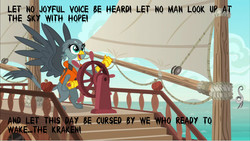 Size: 1920x1080 | Tagged: safe, edit, edited screencap, screencap, gabby, griffon, kraken, g4, the fault in our cutie marks, caption, davy jones, female, gabby's shanty, lifejacket, meme, pirate ship, pirates of the caribbean, ship, solo, tentacles