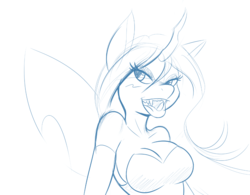 Size: 1069x832 | Tagged: safe, artist:ambris, queen chrysalis, changeling, changeling queen, anthro, g4, blushing, breasts, busty queen chrysalis, fangs, female, long tongue, monochrome, shoulderless, solo, tongue out