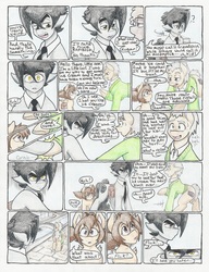 Size: 4976x6480 | Tagged: safe, artist:flicker-show, oc, oc only, oc:dusty pages, oc:flicker show, oc:jitter bug, pegasus, pony, comic:dark stranger, absurd resolution, coffee, comic, glare, traditional art