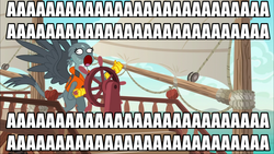 Size: 1920x1080 | Tagged: safe, edit, edited screencap, screencap, gabby, griffon, g4, the fault in our cutie marks, aaaaaaaaaa, boat, caption, gabby's shanty, screaming, ship, sweetie derelle