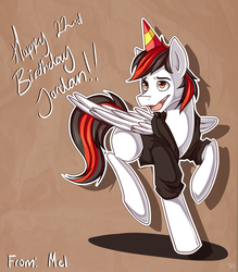 Size: 1689x1929 | Tagged: safe, artist:meewin, oc, oc only, pegasus, pony, clothes, hat, jacket, party hat, solo