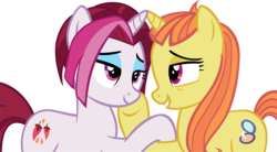 Size: 3151x1735 | Tagged: safe, artist:ironm17, cayenne, citrus blush, pony, unicorn, g4, base used, citruyenne, female, lesbian, lidded eyes, looking at each other, mare, shipping, simple background, smiling, transparent background, vector
