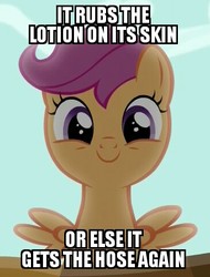 Size: 366x482 | Tagged: safe, edit, edited screencap, screencap, scootaloo, g4, the fault in our cutie marks, caption, cropped, cute, cutealoo, dissonant caption, happy, image macro, meme, scootalo bill, silence of the lambs