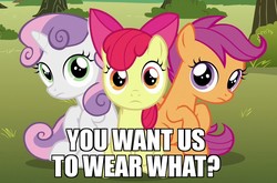 Size: 915x604 | Tagged: safe, edit, edited screencap, screencap, apple bloom, scootaloo, sweetie belle, g4, the fault in our cutie marks, adorabloom, caption, cute, cutealoo, cutie mark crusaders, diasweetes, image macro, looking at you, meme, sitting
