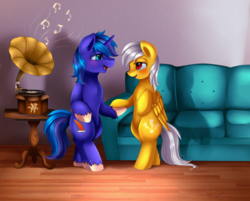 Size: 2730x2195 | Tagged: safe, artist:pridark, oc, oc only, oc:lightning faraday, oc:midnight, pony, bipedal, blushing, commission, couch, dancing, drunk, duo, gramophone, high res, living room, music notes, open mouth, record, table