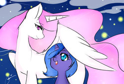 Size: 1024x698 | Tagged: dead source, safe, artist:misucats, princess celestia, princess luna, g4, female, filly, filly celestia, filly luna, hug, pink-mane celestia, royal sisters, winghug, woona, younger