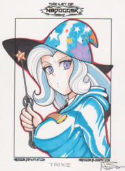 Size: 600x820 | Tagged: safe, artist:n8dogg5k, trixie, human, g4, crossover, female, hat, humanized, little witch academia, solo, traditional art, witch hat