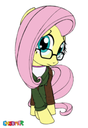Size: 2548x3676 | Tagged: safe, artist:enzomersimpsons, fluttershy, g4, avengers, bruce banner, clothes, crossed hooves, crossover, female, glasses, high res, looking at you, marvel, my little avengers, pants, shirt, simple background, solo, standing, traditional art, transparent background