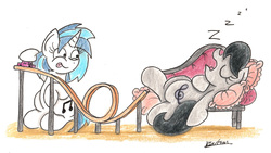 Size: 2240x1265 | Tagged: safe, artist:bobthedalek, dj pon-3, octavia melody, vinyl scratch, earth pony, pony, unicorn, g4, eyes closed, female, hot wheels, mare, open mouth, simple background, sleeping, this will end in pain, tongue out, toy car, traditional art, white background, zzz