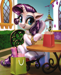 Size: 976x1200 | Tagged: safe, artist:harwick, rarity, pony, unicorn, g4, bag, bracelet, canterlot, chair, cute, fabric, female, jewelry, mare, necklace, open mouth, pearl necklace, raribetes, rarity day, shopping, sitting, sky, solo, table, underhoof