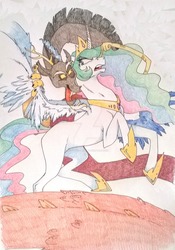 Size: 1024x1467 | Tagged: safe, artist:littlescargirl, discord, princess celestia, g4, annoyed, boop, discord being discord, male, missing cutie mark, ship:dislestia, shipping, straight, this will end in pain, this will end in petrification, traditional art, watermark, wing hold