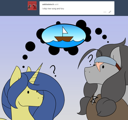 Size: 923x865 | Tagged: safe, artist:lunis1992, oc, oc only, oc:fury, oc:river song, ask the amazon mares, boat, literal, literal shipping, question mark, shipping, thought bubble, tumblr