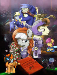 Size: 2040x2670 | Tagged: safe, artist:redheadfly, derpy hooves, pound cake, scootaloo, oc, oc:blazing sky, oc:lucky fly, changeling, griffon, pegasus, pony, comic:dps, g4, armor, bubble, cover, female, goggles, helmet, high res, mare, older