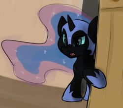 Size: 1034x906 | Tagged: artist needed, safe, nightmare moon, alicorn, pony, g4, door, female, filly, nightmare woon, solo, younger