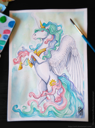 Size: 951x1280 | Tagged: safe, artist:etrii, princess celestia, g4, female, rearing, solo, spread wings, traditional art, watercolor painting