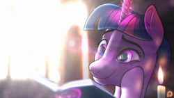 Size: 1500x844 | Tagged: safe, twilight sparkle, g4, alternate hairstyle, candle, crepuscular rays, eye reflection, female, glowing horn, horn, lens flare, library, magic, reading, reflection, solo, subsurface scattering
