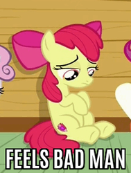 Size: 223x295 | Tagged: safe, screencap, apple bloom, scootaloo, sweetie belle, g4, the fault in our cutie marks, caption, cutie mark, cutie mark crusaders, feels bad man, image macro, looking down, meme, reaction image, sad, text, the cmc's cutie marks