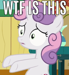Size: 437x475 | Tagged: safe, screencap, sweetie belle, g4, the fault in our cutie marks, caption, female, meme, reaction image, solo, text