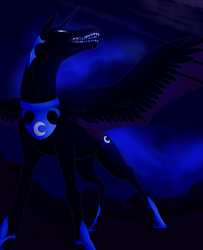 Size: 813x1000 | Tagged: safe, artist:fizzgryphon, nightmare moon, g4, female, night, open mouth, solo, spread wings, stars