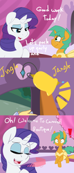 Size: 1280x3000 | Tagged: safe, artist:kryptchild, derpy hooves, rarity, snails, pegasus, pony, ask glitter shell, comic:when aero met glitter, g4, bell, caught, clothes, comic, crossdressing, door, doorbell, dress, exclamation point, eyes closed, female, glitter shell, mare, nervous, offscreen character, scared