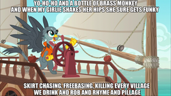 Size: 1920x1080 | Tagged: safe, edit, edited screencap, screencap, gabby, griffon, g4, the fault in our cutie marks, beastie boys, caption, female, gabby's shanty, image macro, meme, sailing, ship, solo