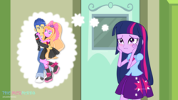 Size: 2480x1395 | Tagged: safe, artist:jucamovi1992, flash sentry, twilight sparkle, oc, oc:aglaope, equestria girls, g4, hug, male, ship:flashlight, shipping, signature, straight, twilight sparkle's skirt