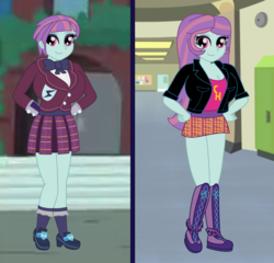 Size: 900x865 | Tagged: safe, artist:trainman3985, sunny flare, equestria girls, g4, my little pony equestria girls: friendship games, alternate clothes, alternate universe, big breasts, breasts, busty sunny flare, cleavage, clothes, comparison, female, shadowbolts costume, solo