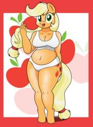 Size: 2550x3507 | Tagged: safe, artist:pananovich, applejack, earth pony, anthro, unguligrade anthro, g4, applebucking thighs, belly, belly button, breasts, chubby, cleavage, clothes, female, high res, hips, looking at you, panties, plump, pose, solo, underwear