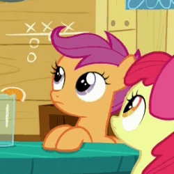 Size: 256x256 | Tagged: safe, screencap, apple bloom, gabby, scootaloo, earth pony, griffon, pegasus, pony, g4, the fault in our cutie marks, animated, apple bloom's bow, aside glance, bow, breaking the fourth wall, clubhouse, crusaders clubhouse, female, filly, foal, gif, hair bow, looking at you, reaction image, table