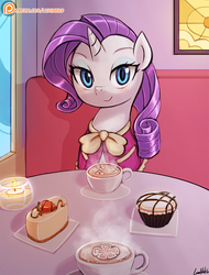 Size: 750x986 | Tagged: safe, artist:lumineko, rarity, pony, unicorn, g4, cafe, cake, candle, cheesecake, chocolate, clothes, coffee, coffee mug, cup, cupcake, cute, dessert, female, fire, food, hot chocolate, looking at you, mare, marshmallow, meal, patreon, patreon logo, plate, raribetes, rarity day, rarity using marshmallows, restaurant, signature, sitting, smiling, solo, strawberry, table