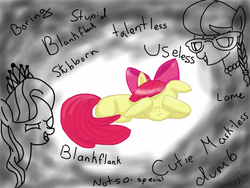 Size: 2400x1800 | Tagged: safe, artist:icyfire888, apple bloom, diamond tiara, silver spoon, earth pony, pony, g4, abuse, applebuse, bully, bullying, this will end in school shooting