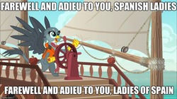 Size: 888x499 | Tagged: safe, edit, edited screencap, screencap, gabby, griffon, g4, the fault in our cutie marks, caption, gabby's shanty, jaws, meme, sea shanty, spanish ladies