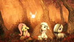 Size: 1920x1080 | Tagged: safe, artist:powdan, coco pommel, fluttershy, marble pie, g4, 3d, autumn, cocobetes, cute, enjoying, forest, gmod, group, happy, marblebetes, navi, the council of shy ponies, the legend of zelda, the legend of zelda: ocarina of time