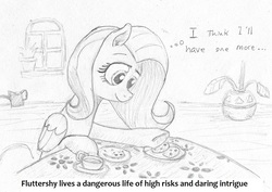 Size: 788x557 | Tagged: safe, artist:t72b, fluttershy, g4, end of the world, female, food, monochrome, newbie artist training grounds, solo, tea, text, traditional art