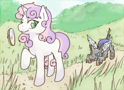 Size: 1300x950 | Tagged: safe, artist:lavilovi, sweetie belle, oc, changeling, g4