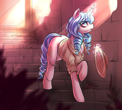 Size: 1280x1156 | Tagged: safe, artist:glitteronin, oc, oc only, oc:opuscule antiquity, pony, unicorn, adventure, clothes, explorer outfit, female, mare, ruins, solo