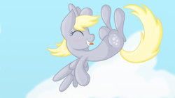 Size: 1900x1068 | Tagged: safe, artist:springveil, derpy hooves, pegasus, pony, g4, cloud, cute, eyes closed, female, flying, happy, mare, sky, smiling, solo, spread wings, tongue out, wings