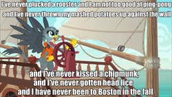Size: 960x540 | Tagged: source needed, safe, edit, edited screencap, screencap, gabby, griffon, g4, season 6, the fault in our cutie marks, caption, cute, gabby's shanty, gabbybetes, image macro, lifejacket, meme, sea shanty, silly songs, song in the comments, the pirates who don't do anything, veggietales