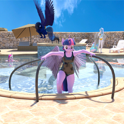 Size: 2400x2400 | Tagged: safe, artist:jawolfadultishart, princess cadance, princess celestia, princess luna, twilight sparkle, alicorn, anthro, plantigrade anthro, g4, 3d, bikini, clothes, daz studio, high res, one-piece swimsuit, swimming, swimming pool, swimsuit, twilight sparkle (alicorn), wet