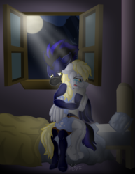 Size: 1800x2333 | Tagged: safe, artist:greenknight1, derpy hooves, oc, anthro, unguligrade anthro, g4, bed, crying, hug, moon, night, sad, window