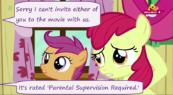 Size: 1280x708 | Tagged: safe, edit, edited screencap, screencap, apple bloom, scootaloo, sweetie belle, earth pony, pony, g4, the fault in our cutie marks, caption, cutie mark crusaders, female, filly, minimini, orphan
