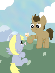 Size: 1500x2000 | Tagged: safe, artist:kalie0216, derpy hooves, doctor whooves, time turner, g4, blank flank, blushing, colt, colt doctor whooves, crush, female, filly, filly derpy, filly derpy hooves, flower, heart, male, ship:doctorderpy, shipping, straight, younger