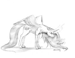 Size: 1300x1014 | Tagged: safe, artist:baron engel, oc, oc only, oc:etherea, alicorn, pony, fanfic:to love a mare, alicorn oc, fanfic, fanfic art, female, magic, monochrome, pencil drawing, simple background, solo, spread wings, tablet, traditional art, white background