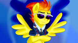 Size: 1280x720 | Tagged: safe, artist:jbond, spitfire, pegasus, pony, g4, abstract background, clothes, drill sergeant, female, mare, simple background, smiling, solo, sunglasses