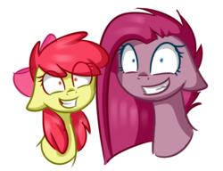 Size: 1024x785 | Tagged: safe, artist:despotshy, apple bloom, pinkie pie, fanfic:cupcakes, g4, messy mane, pinkamena diane pie, simple background, snapple bloom, transparent background