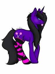 Size: 720x960 | Tagged: artist needed, safe, oc, oc only, oc:stream breeze, pony, unicorn, clothes, socks, solo, striped socks, thigh highs, tongue out