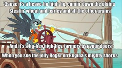 Size: 960x540 | Tagged: safe, edit, edited screencap, screencap, gabby, griffon, g4, the fault in our cutie marks, arrogant worms, boat, canada, canadian horse pirates, caption, gabby's shanty, image macro, meme, ship, the arrogant worms, the last saskatchewan pirate